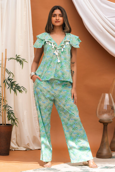 Green Embroidered  Ruffles and Tassels Co-ord Set