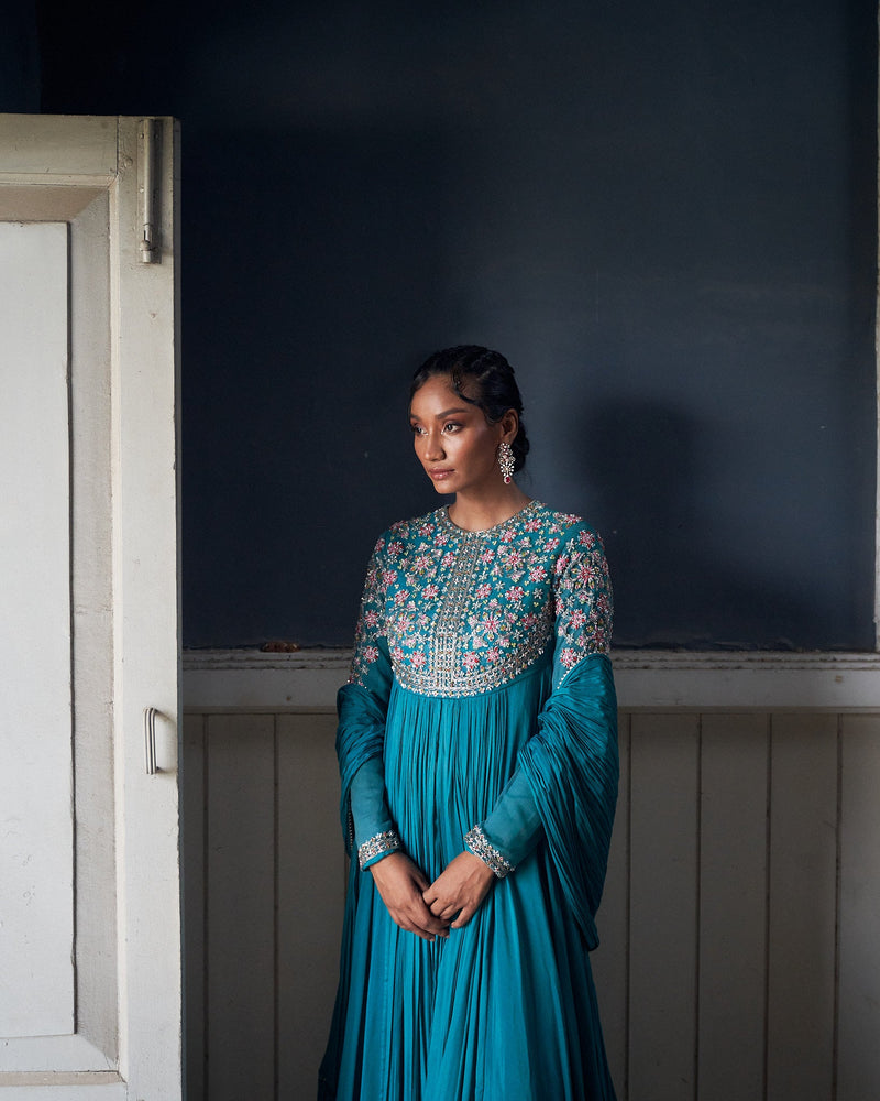 Pushp- jade blue embroidered anarkali with dupatta