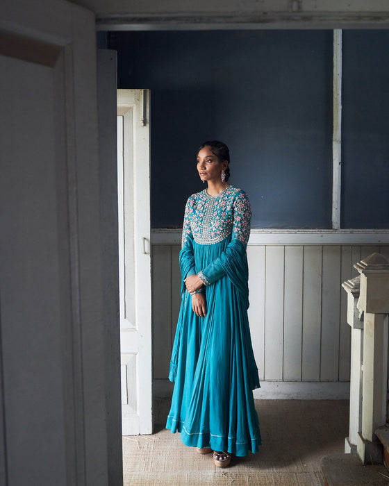 Pushp- jade blue embroidered anarkali with dupatta