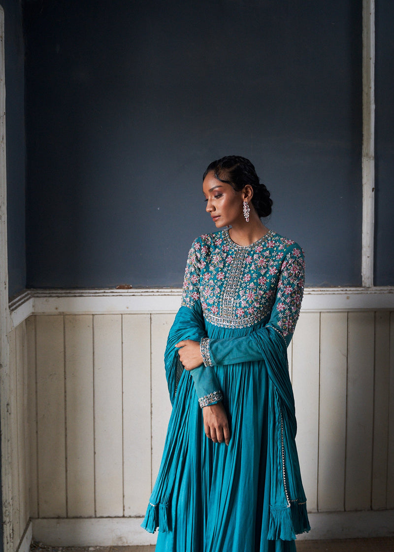 Pushp- jade blue embroidered anarkali with dupatta