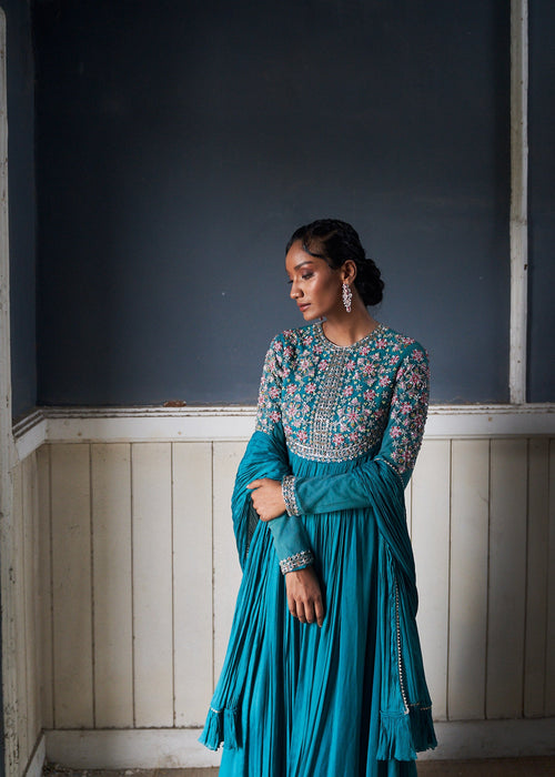 Pushp- jade blue embroidered anarkali with dupatta
