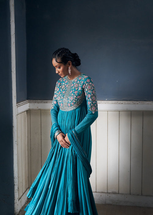 Pushp- jade blue embroidered anarkali with dupatta
