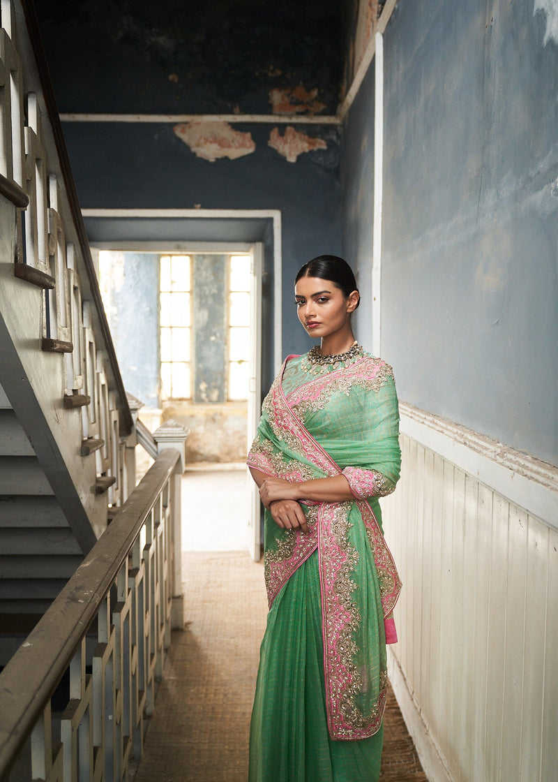 Tara -jade green raw silk embroidered saree with blouse