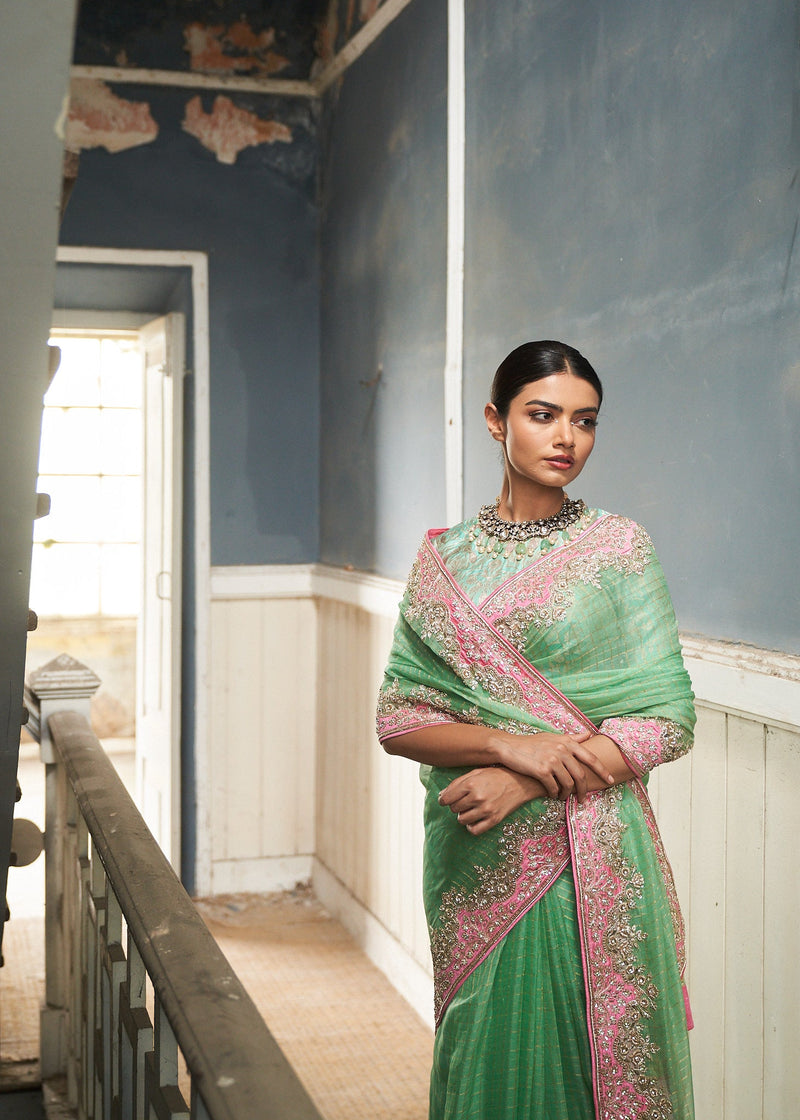 Tara -jade green raw silk embroidered saree with blouse