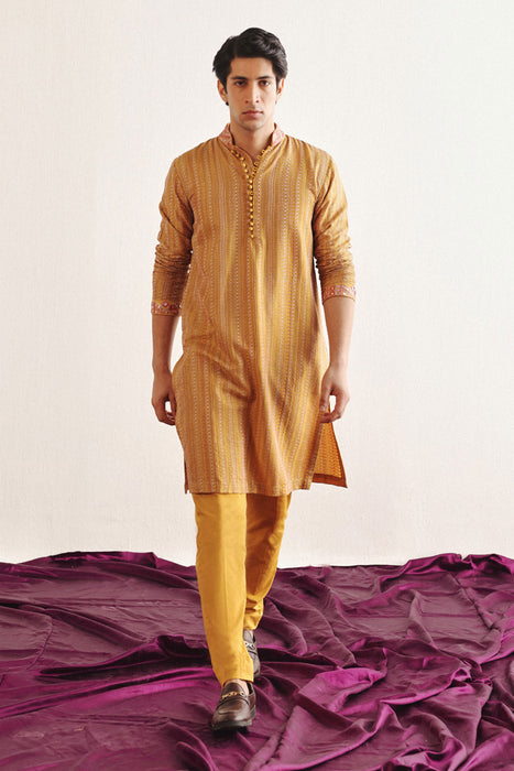 Golden Yellow Kantha Work Kurta With Mirrorwork