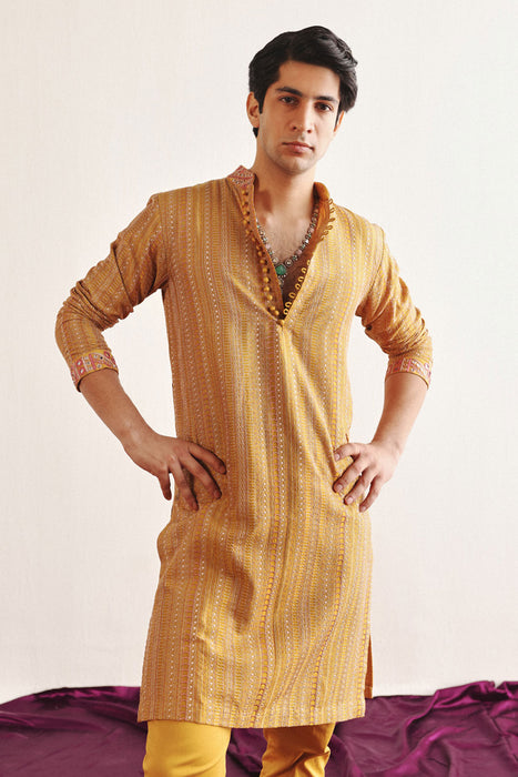 Golden Yellow Kantha Work Kurta With Mirrorwork