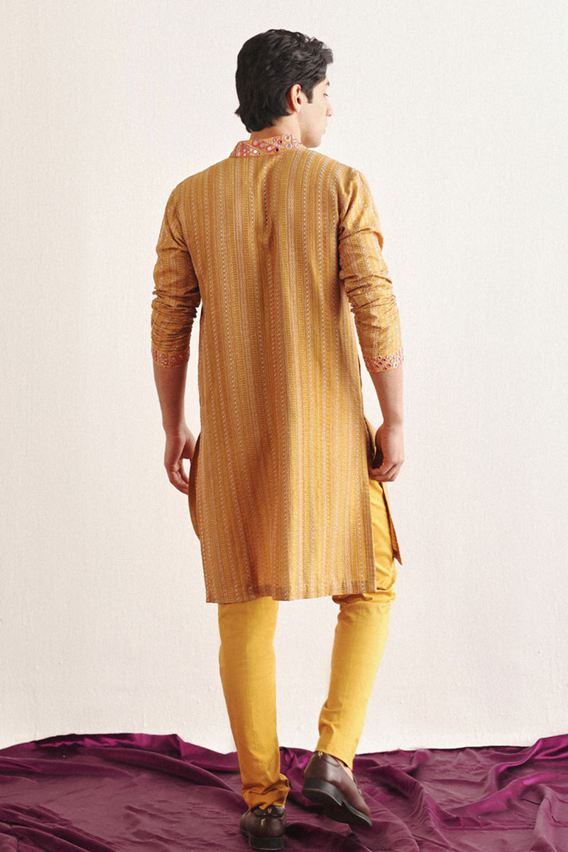 Golden Yellow Kantha Work Kurta With Mirrorwork