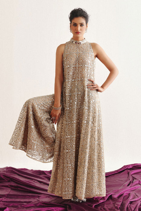 Hi Neck Long Sleeveless Dress With Slits