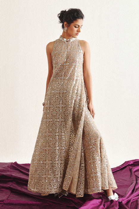 Hi Neck Long Sleeveless Dress With Slits