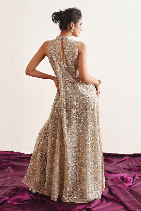 Hi Neck Long Sleeveless Dress With Slits