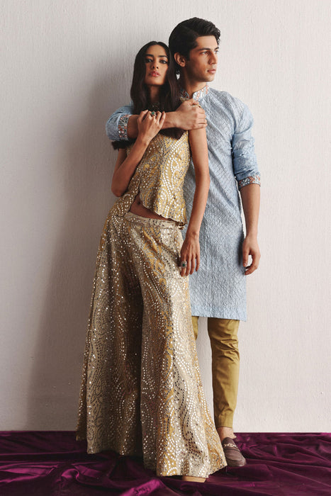 Powder Blue Bandhani Kurta With Mirrorwork