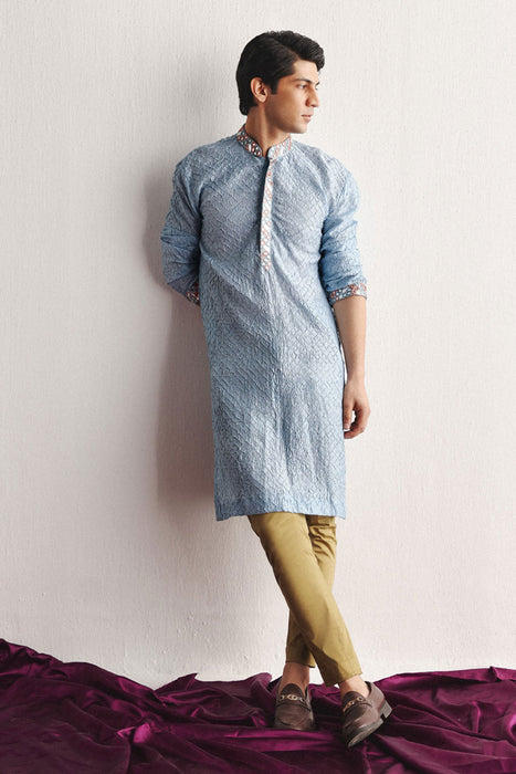 Powder Blue Bandhani Kurta With Mirrorwork