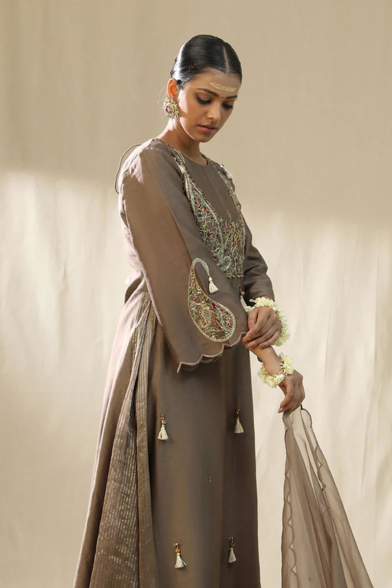 Mocha Ambi A Line Suit Set,Dori Zardozi Resham