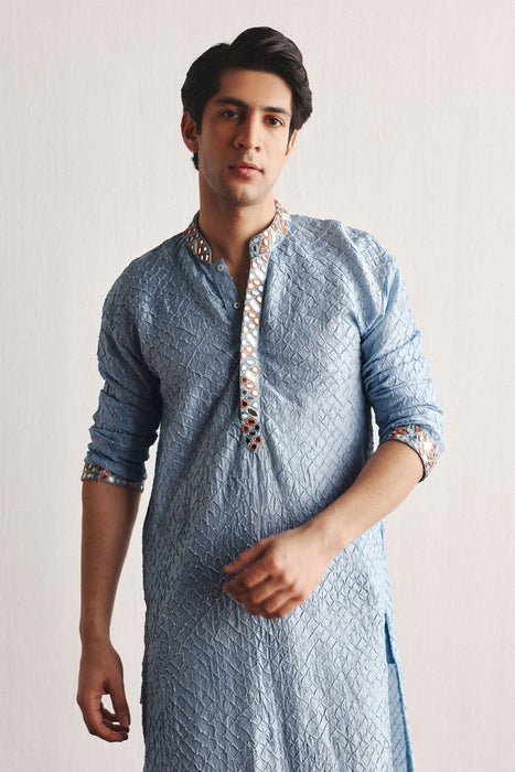 Powder Blue Bandhani Kurta With Mirrorwork