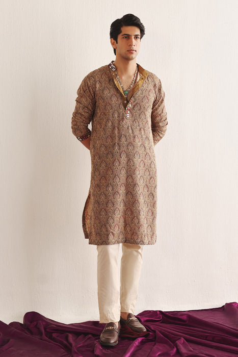 Ajrakh Kantha Work Kurta With Mirrorwork