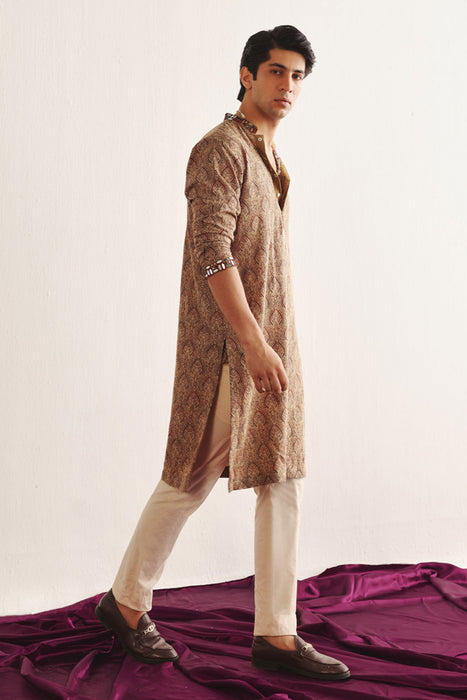 Ajrakh Kantha Work Kurta With Mirrorwork