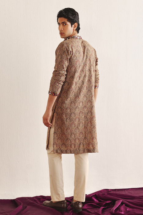 Ajrakh Kantha Work Kurta With Mirrorwork