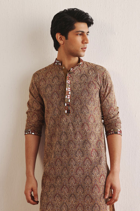 Ajrakh Kantha Work Kurta With Mirrorwork