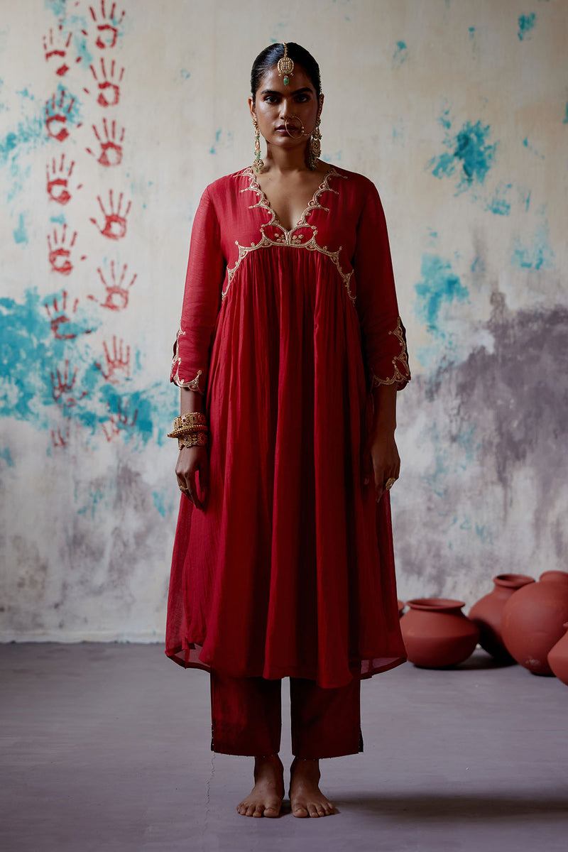 Red Gather Kurta Set