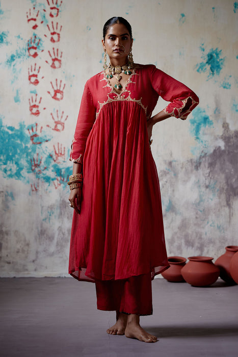 Red Gather Kurta Set