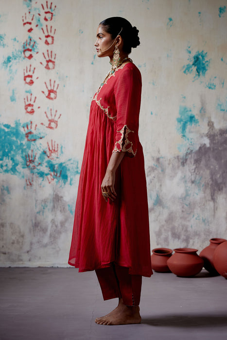 Red Gather Kurta Set