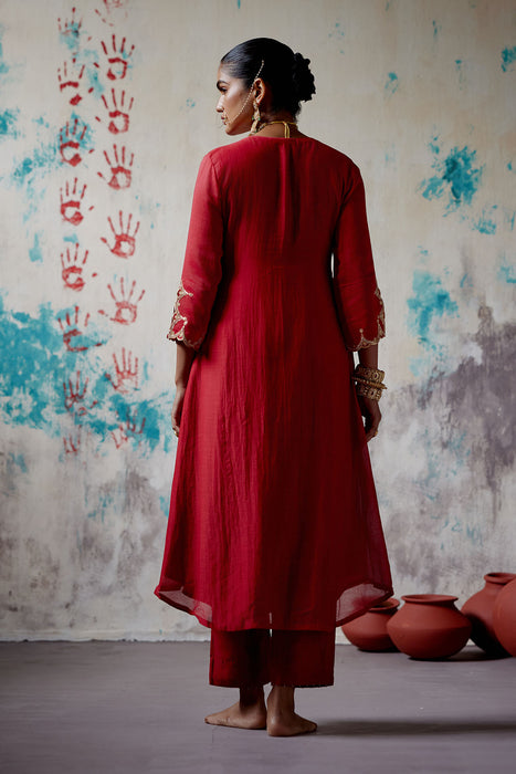 Red Gather Kurta Set