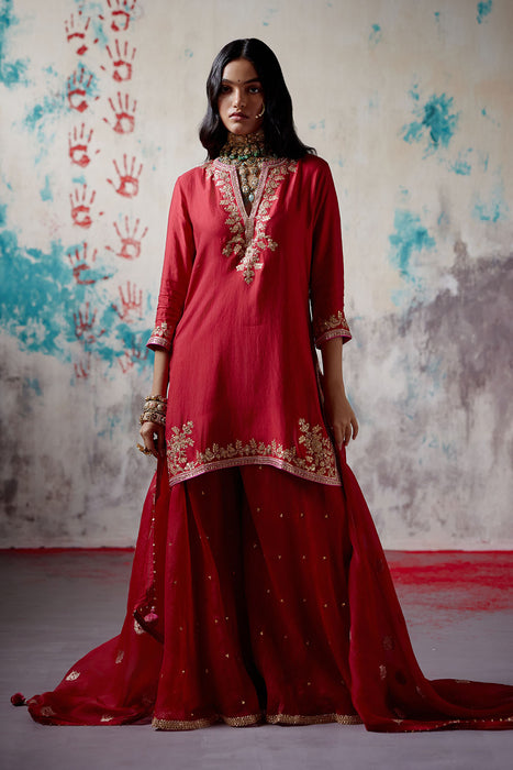 Red Short Kurta Sharara Set