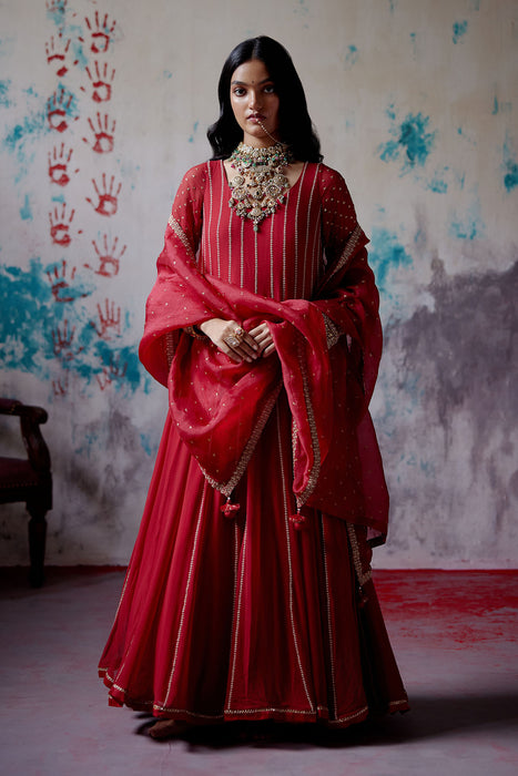 Red Kallidhar Anarkali Set