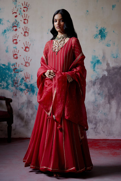 Red Kallidhar Anarkali Set