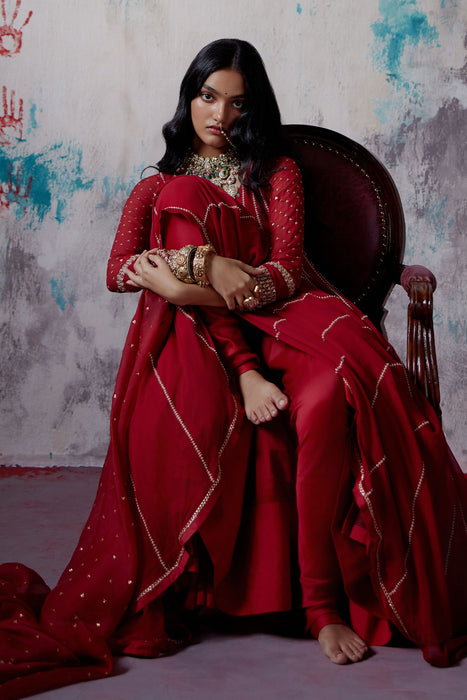 Red Kallidhar Anarkali Set