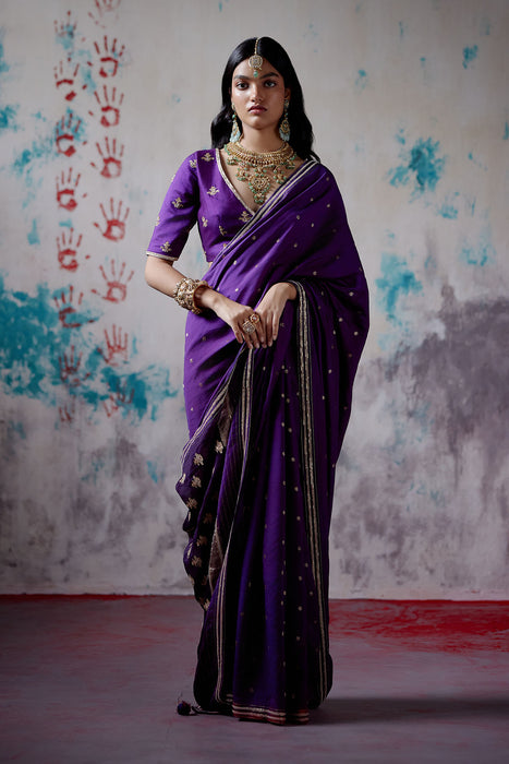 Purple Brocade Silk Saree with Blouse