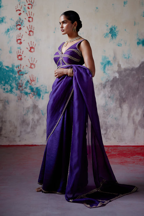 Purple Corset Blouse with Half n Half Saree