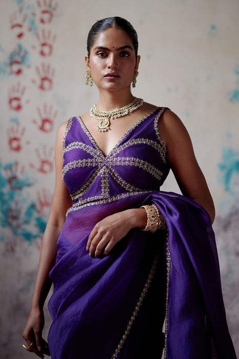 Purple Corset Blouse with Half n Half Saree