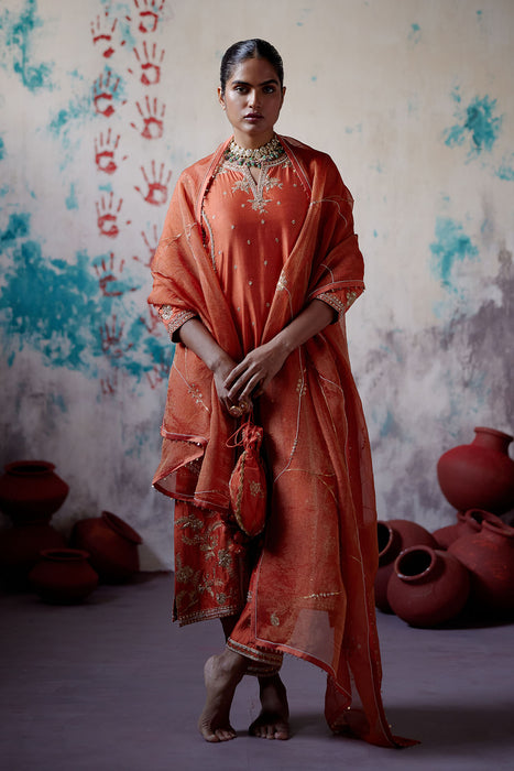 Rust Orange Panelled Straight Kurta Set