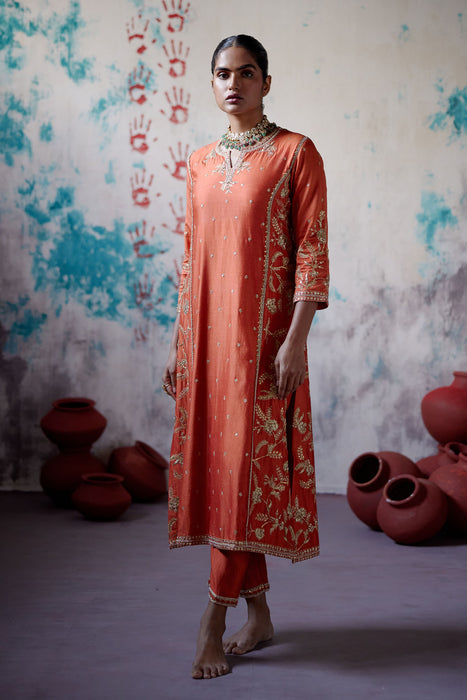 Rust Orange Panelled Straight Kurta Set