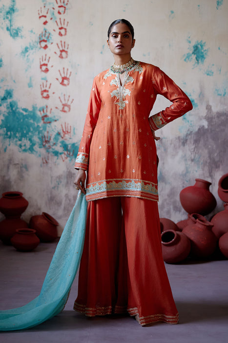 Rust Orange Short Kurta Sharara Set