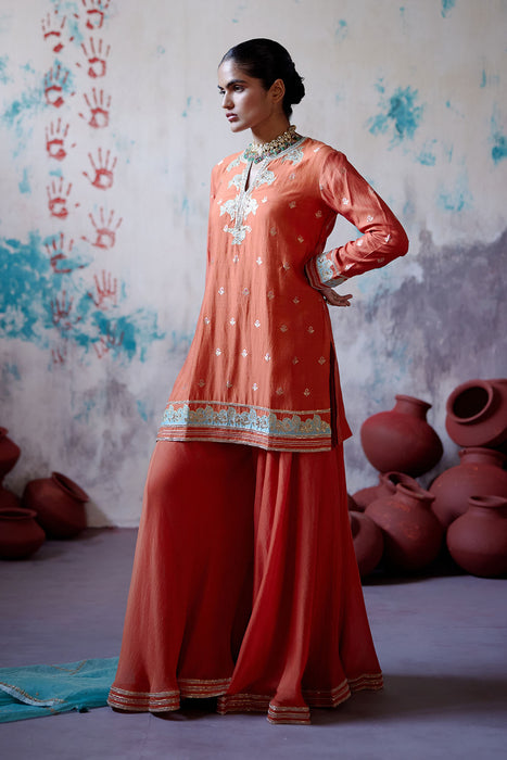 Rust Orange Short Kurta Sharara Set