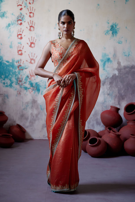 Rust Orange Half n Half Saree with Sleeveless Blouse