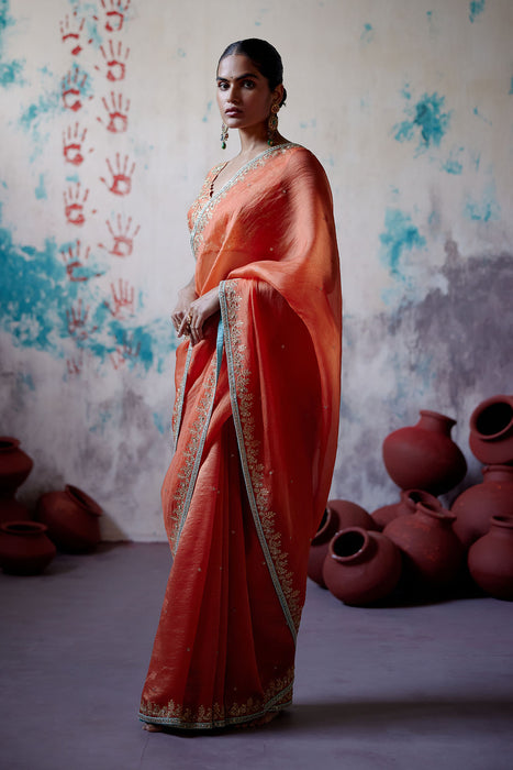 Rust Orange Half n Half Saree with Sleeveless Blouse