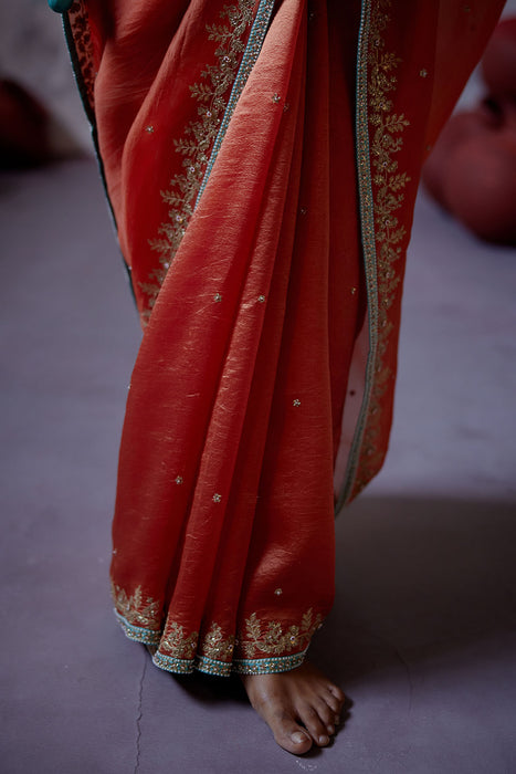 Rust Orange Half n Half Saree with Sleeveless Blouse