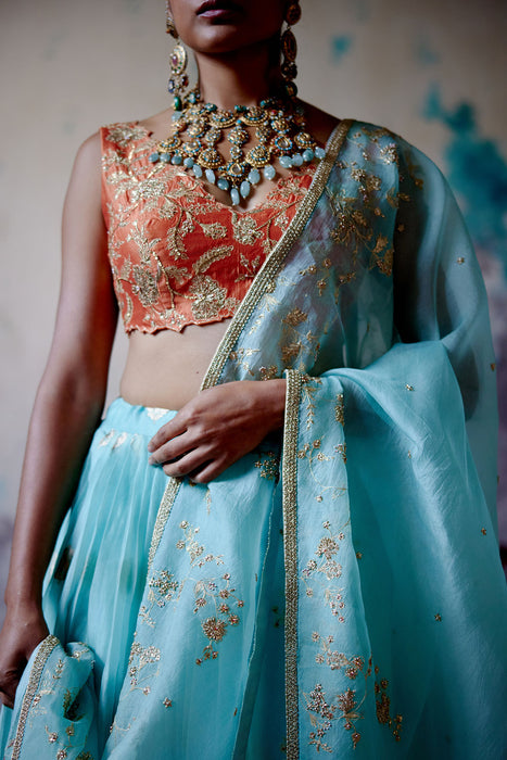 Powder Blue Brocade lehenga Set