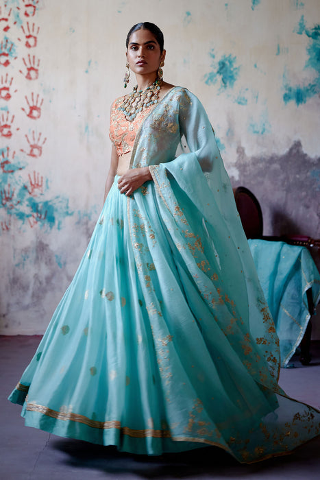 Powder Blue Brocade lehenga Set