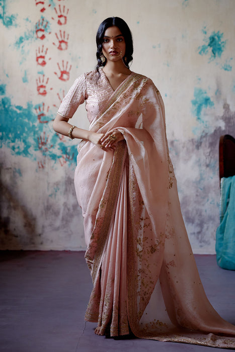 Soft Peach Jaal Embroidered Saree with Blouse