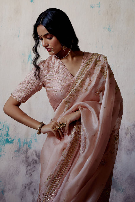 Soft Peach Jaal Embroidered Saree with Blouse