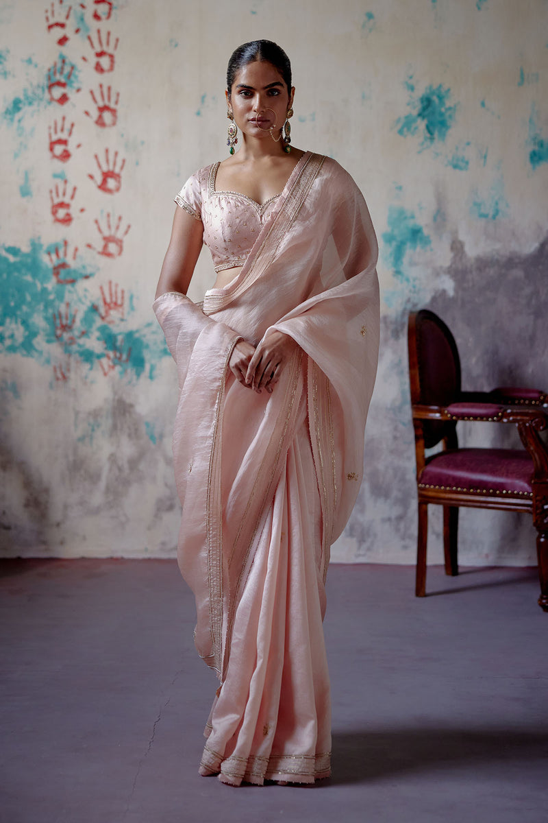 Soft Peach Half n Half Saree with Mega Sleeve Blouse