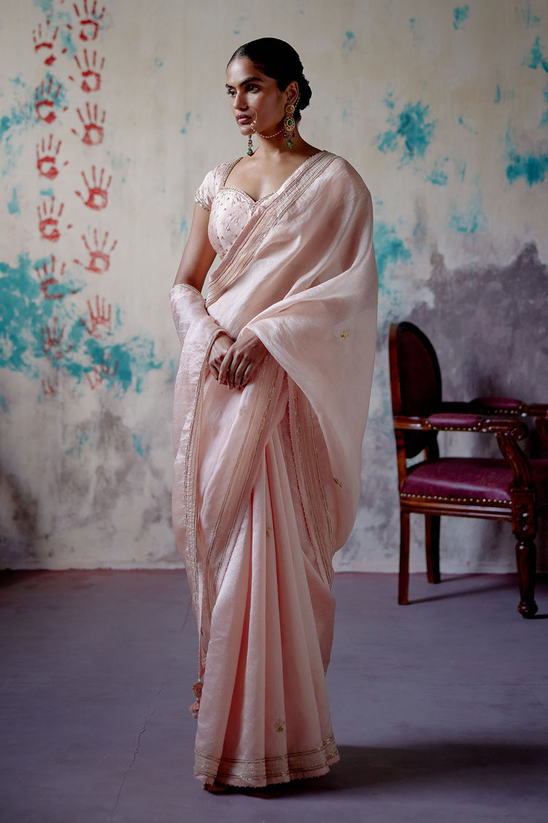 Soft Peach Half n Half Saree with Mega Sleeve Blouse