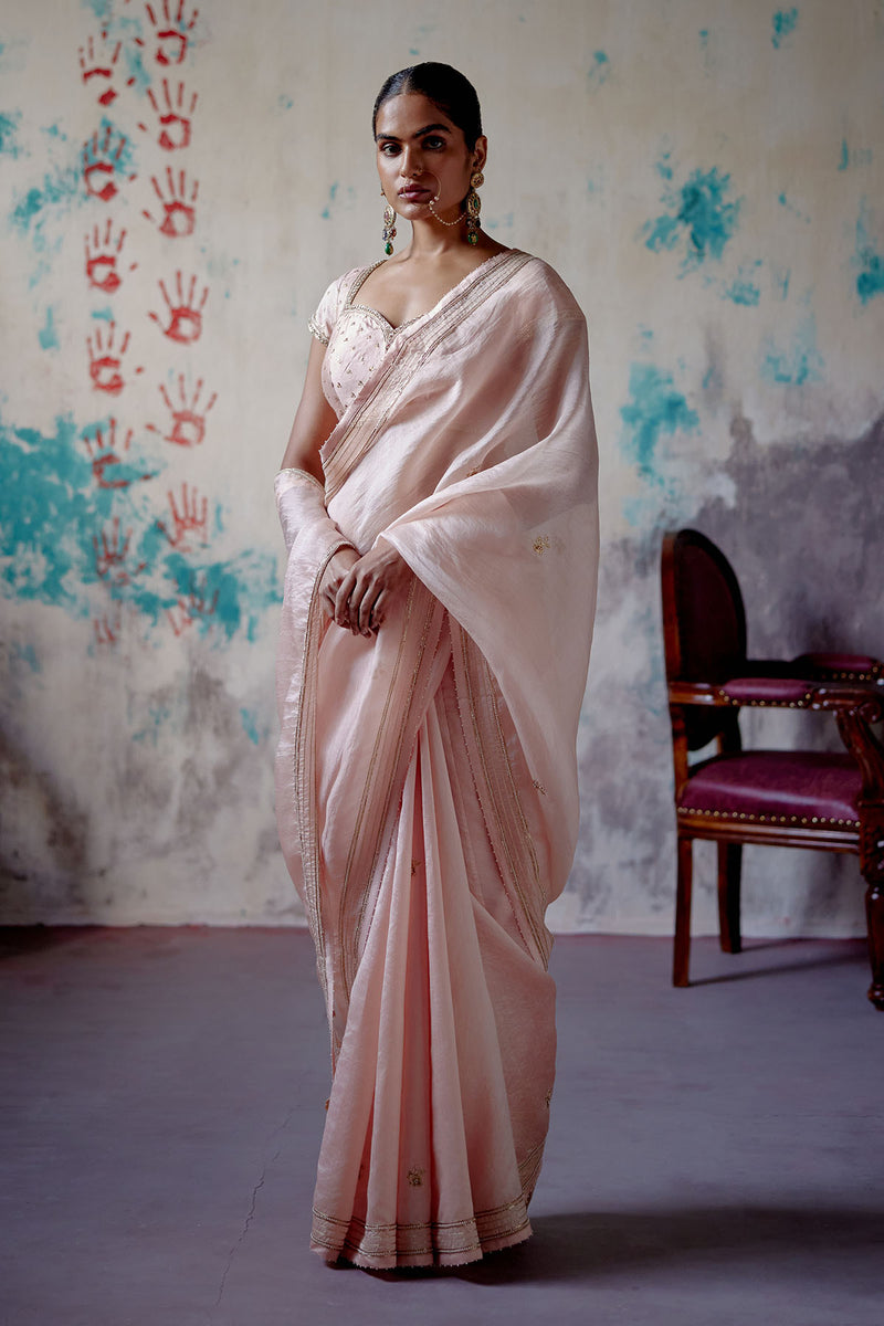 Soft Peach Half n Half Saree with Mega Sleeve Blouse