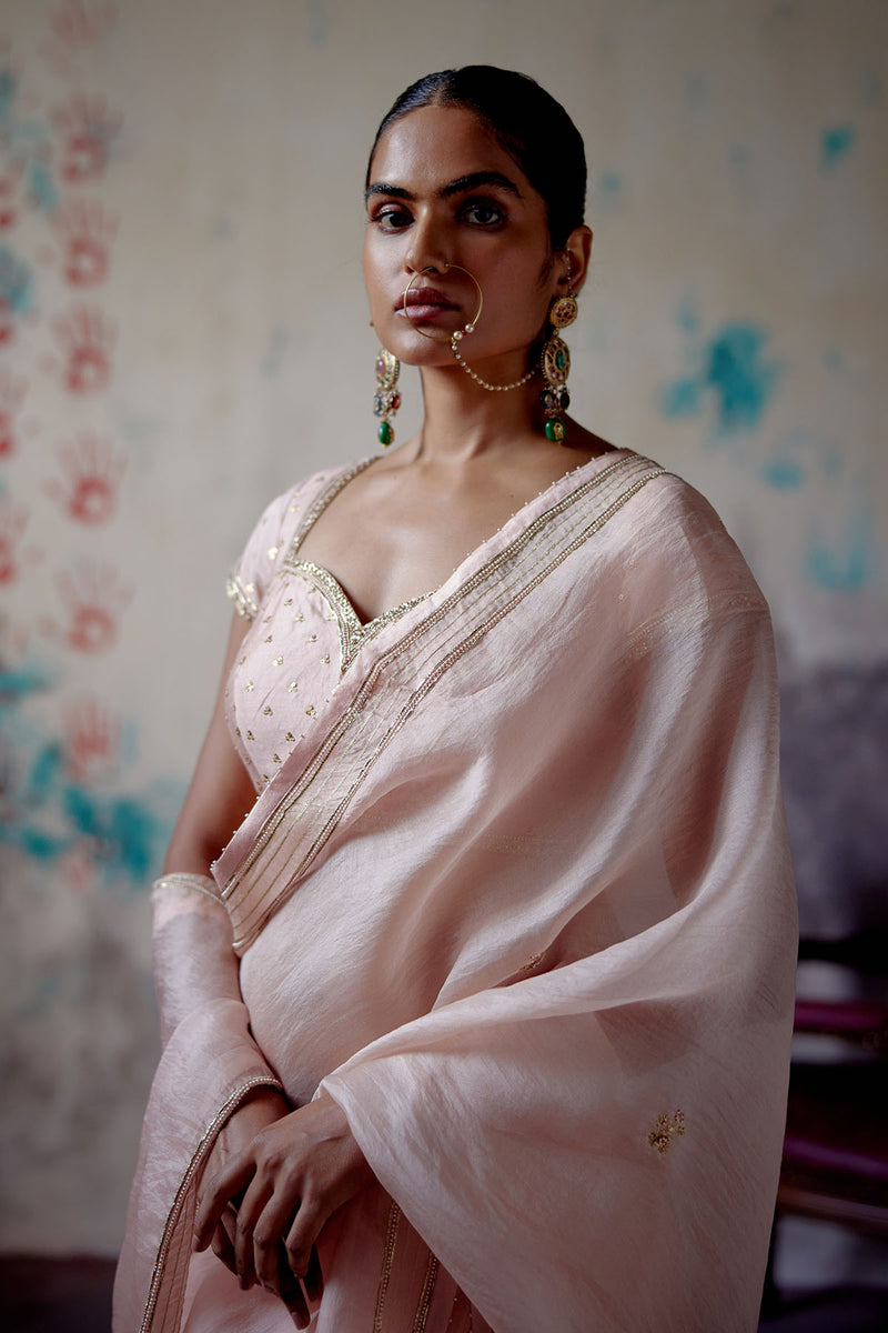 Soft Peach Half n Half Saree with Mega Sleeve Blouse