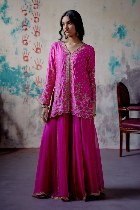 Fuchsia Pink Center Open Short Kurta Set