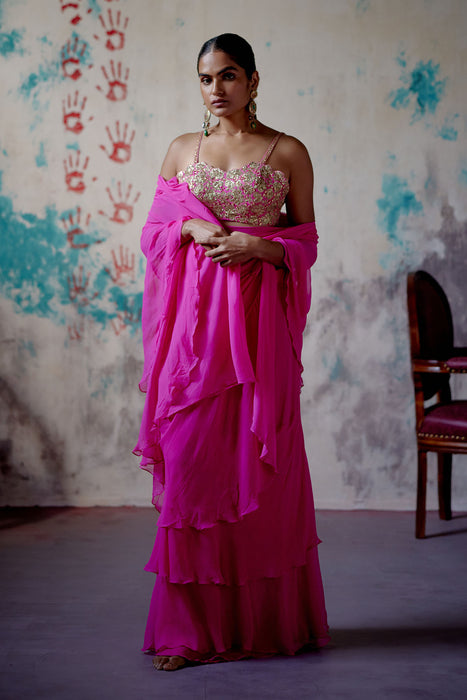 Fuchsia Pink Draped Saree with Bralet Blouse